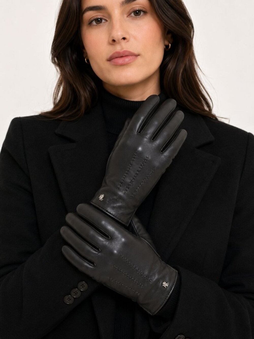 NWT Lauren Ralph Lauren Leather Stitched Gloves Black Size Medium